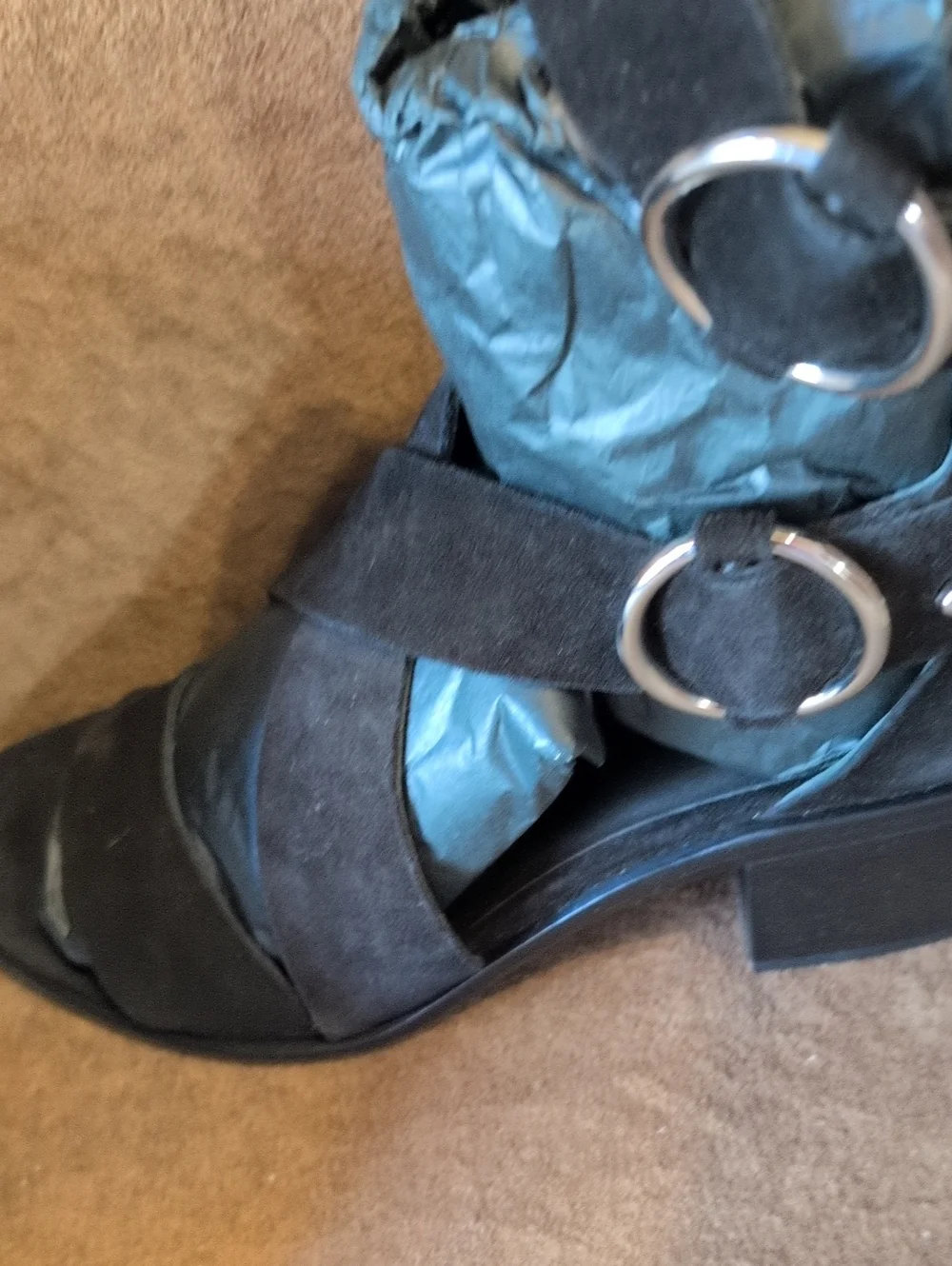 rag & bone Black Suede Open-Toe Mari Shoe Double Buckle Straps, And Back Zipper